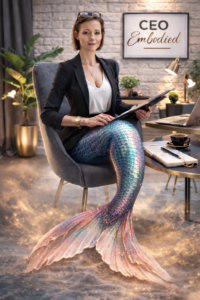 Mermaid CEO in a modern office